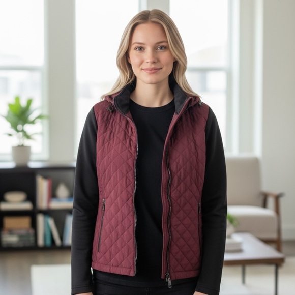 Andrew Marc Burgundy and Black Quilted Puffer Jacket - Picture 5 of 5